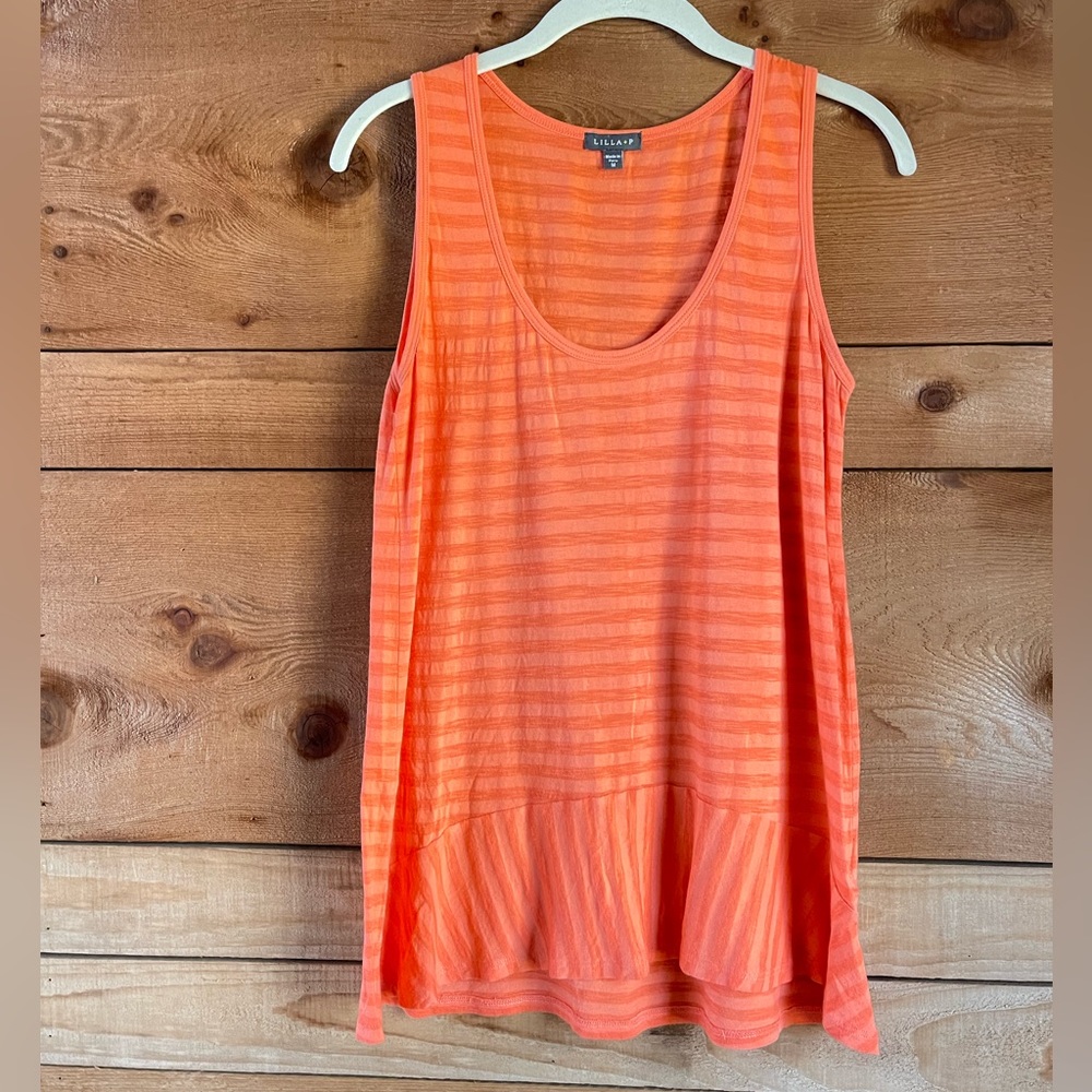 Lilla P Stripe Tank with Front Ruffle Hem Coral Orange